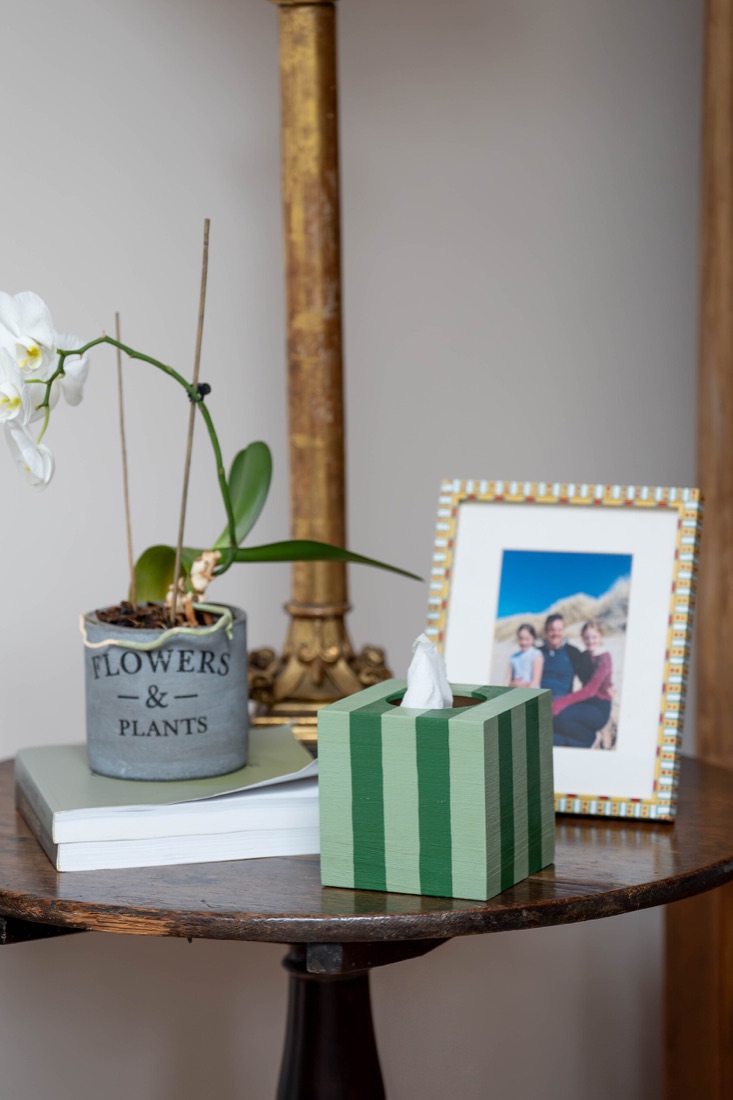 A green and cream striped tissue box styled beside a photograph and orchid.